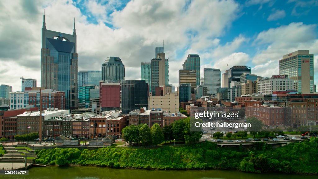 Drone Shot of Cumberland River and Downtown Nashville, TN