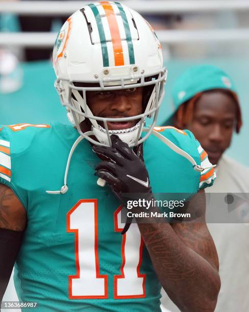 DeVante Parker of the Miami Dolphins looks on during introductions prior to the game against the New England Patriots at Hard Rock Stadium on January...