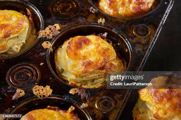 crispy cheesy potato stacks - muffin tin stock pictures, royalty-free photos & images