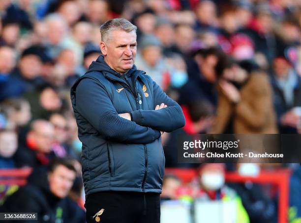 Norwich City Manager Dean Smith looks on during the Emirates FA Cup Third Round match between Charlton Athletic v Norwich City at The Valley on...
