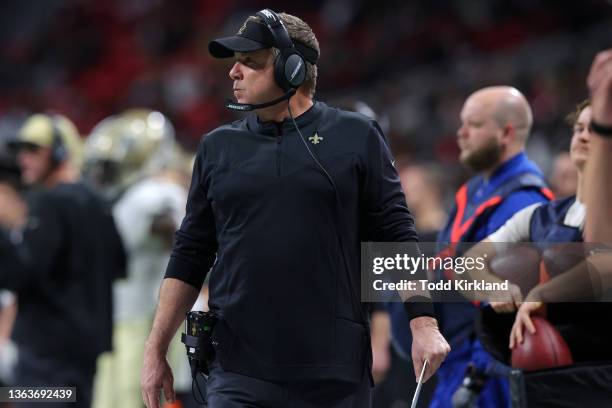 Head coach Sean Payton of the New Orleans Saints looks on during the second quarter in the game against the Atlanta Falcons at Mercedes-Benz Stadium...