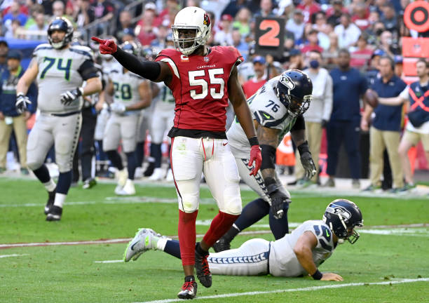 Chandler Jones of the Arizona Cardinals celebrates after hitting Russell Wilson of the Seattle Seahawks during the second quarter at State Farm...