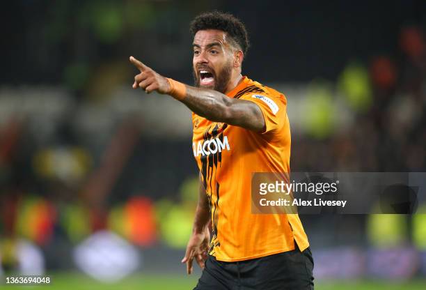 Tom Huddlestone of Hull City reacts during the Emirates FA Cup Third Round match between Hull City and Everton at MKM Stadium on January 08, 2022 in...