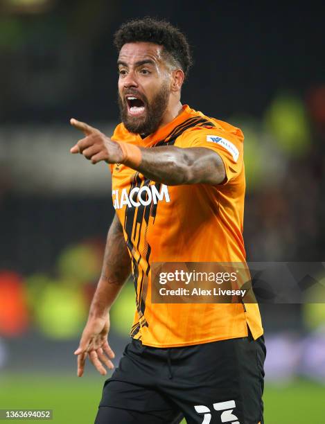 Tom Huddlestone of Hull City reacts during the Emirates FA Cup Third Round match between Hull City and Everton at MKM Stadium on January 08, 2022 in...