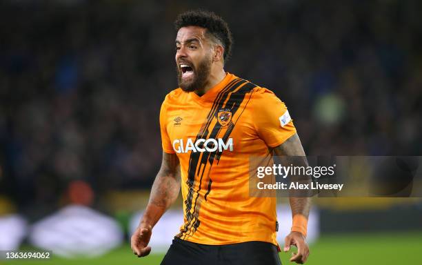 Tom Huddlestone of Hull City reacts during the Emirates FA Cup Third Round match between Hull City and Everton at MKM Stadium on January 08, 2022 in...