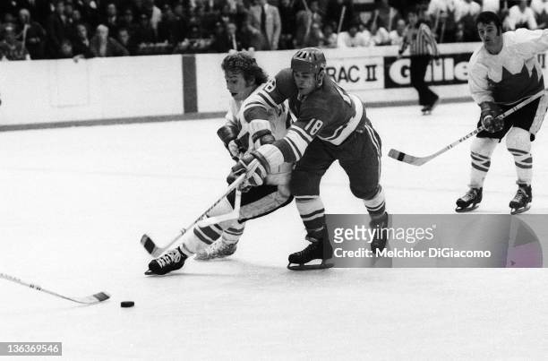 Bobby Clarke of Canada battles with Vladimir Vikulov of the Soviet Union during the 1972 Summit Series at the Luzhniki Ice Palace in Moscow, Russia.