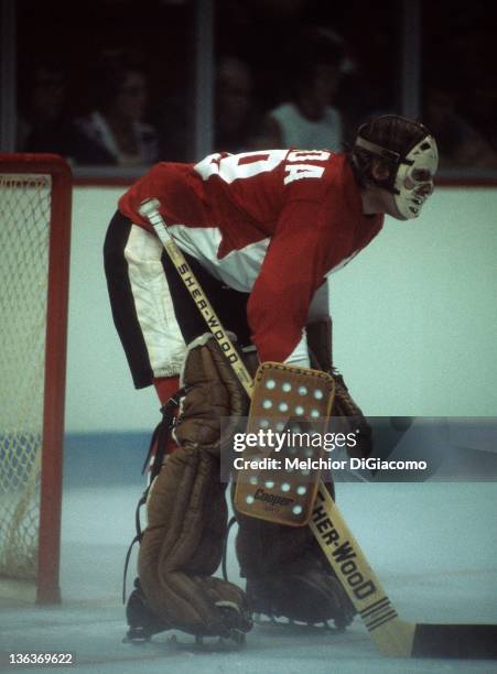 Goalie Ken Dryden of Canada defends the net during the game against the Soviet Union in Game 1 of the 1972 Summit Series on September 2, 1972 at the...