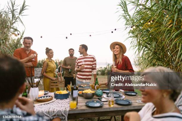 summer dinner party - garden party stock pictures, royalty-free photos & images