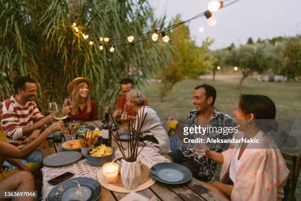 friends having a summer dinner party - dinner party stock pictures, royalty-free photos & images