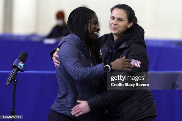 Erin Jackson and Brittany Bowe speak to the media during the 2022 U.S. Speedskating Long Track Olympic Trials at Pettit National Ice Center on...