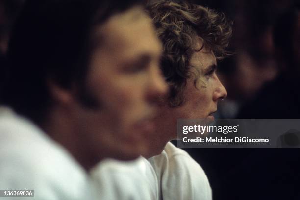 Bobby Clarke of Canada sits on the bench during the game against the Soviet Union in the 1972 Summit Series at the Luzhniki Ice Palace in Moscow,...