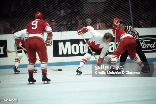 Bobby Clarke of Canada takes the faceoff during the game against the Soviet Union in the 1972 Summit Series at the Luzhniki Ice Palace in Moscow,...