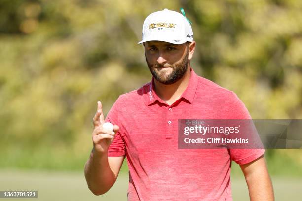 Jon Rahm of Spain waves on the 15th green during the final round of the Sentry Tournament of Champions at the Plantation Course at Kapalua Golf Club...