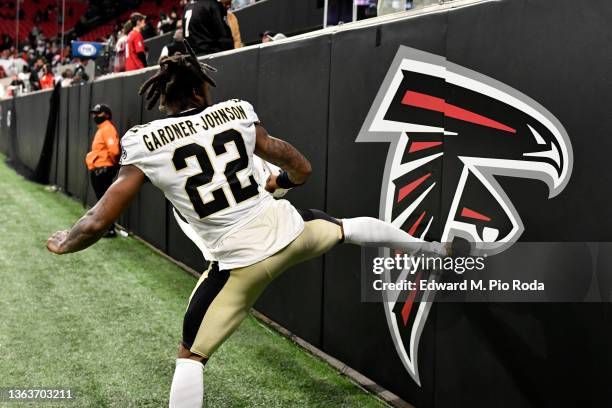 Chauncey Gardner-Johnson of the New Orleans Saints kicks the Atlanta Falcons logo after the game at Mercedes-Benz Stadium on January 09, 2022 in...