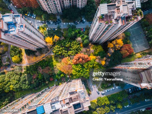 aerial view of residential building in fall season - bovenop stockfoto's en -beelden