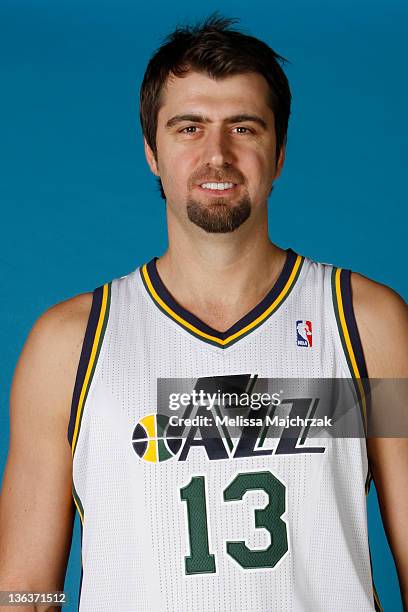 Mehmet Okur of the Utah Jazz poses for a portrait during the Utah Jazz Media Day at Zions Basketball Center on December 09, 2011 in Salt Lake City,...