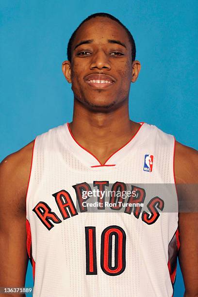 DeMar DeRozan of the Toronto Raptors poses for a portrait during media day at Air Canada Centre on December 12, 2011 in Toronto, Ontario. NOTE TO...