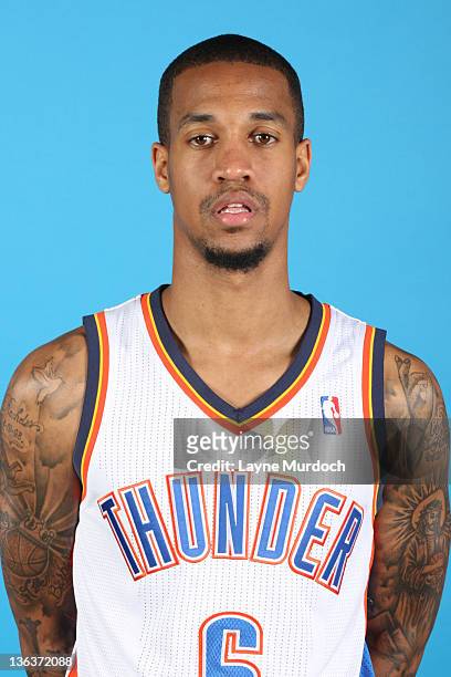 Eric Maynor of the Oklahoma City Thunder poses for a portrait during 2011 NBA Media Day on December 13, 2011 at the Oklahoma City Arena in Oklahoma...