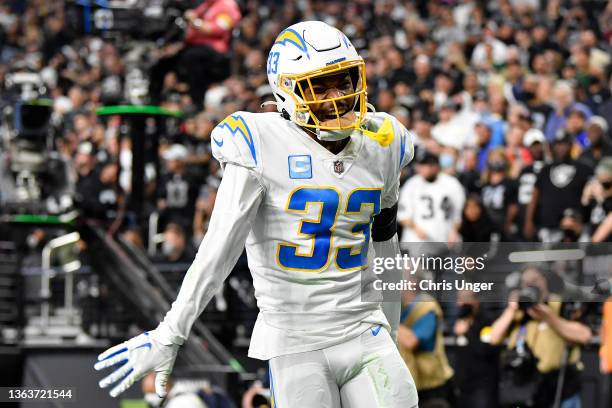 Derwin James of the Los Angeles Chargers celebrates an incompletion by the Las Vegas Raiders during the third quarter at Allegiant Stadium on January...