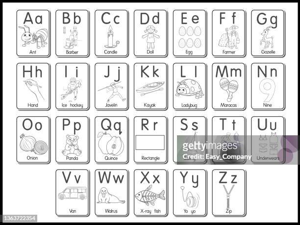 ilustraciones, imágenes clip art, dibujos animados e iconos de stock de ilustración vectorial en blanco y negro de la tarjeta flash del alfabeto a-z letras mayúsculas o minúsculas para principiantes abc - tarjeta de ilustración