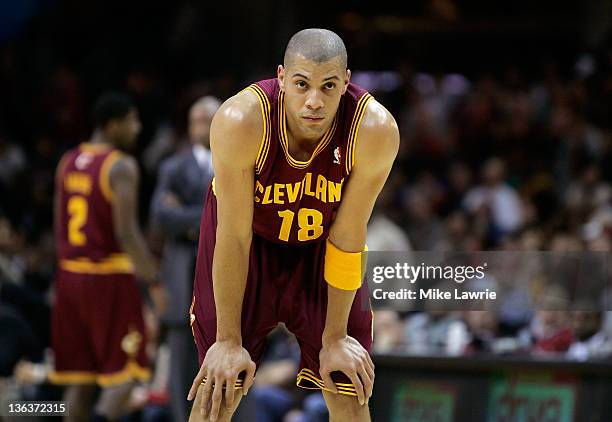 Anthony Parker of the Cleveland Cavaliers looks on during a foul shot against the Toronto Raptors during the season opener at Quicken Loans Arena on...