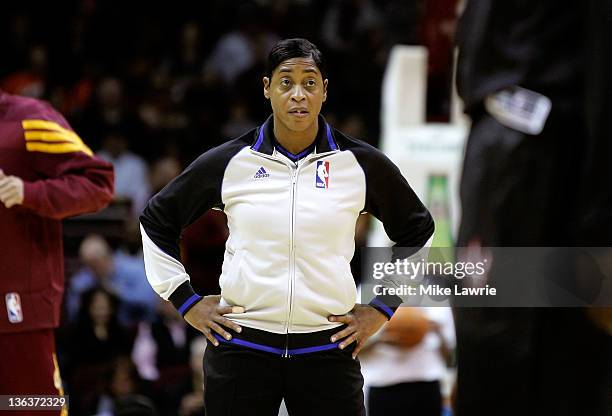 Referee Violet Palmer looks on during the season opener between the Cleveland Cavaliers and Toronto Raptors at Quicken Loans Arena on December 26,...