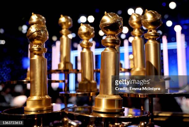 Golden Globes are seen during the 79th Annual Golden Globe Awards at The Beverly Hilton on January 09, 2022 in Beverly Hills, California.