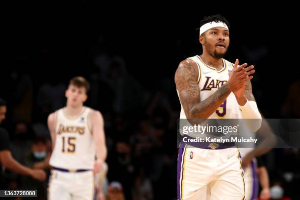 Kent Bazemore of the Los Angeles Lakers reacts to a play during the fourth quarter against the Memphis Grizzlies at Crypto.com Arena on January 09,...