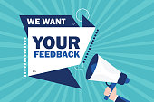 We want your feedback. Customer feedbacks survey opinion service, megaphone in hand promotion banner