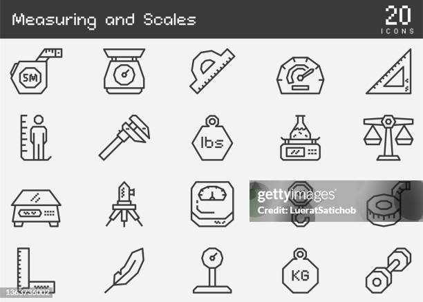 illustrazioni stock, clip art, cartoni animati e icone di tendenza di icone di linea di misurazione e bilancia - measuring height