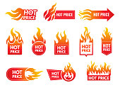 Hot price. Promotional badges with stylized flame shopping sales deals and discount for retailers perfect offers recent vector logo collection