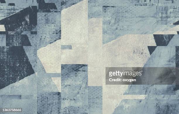 abstract mid-century geometric shapes blue gray distorted scratched textured background - building damage fotografías e imágenes de stock