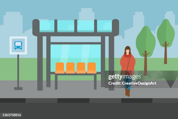 young woman waiting at bus stop with cityscape in background - pavement stock illustrations