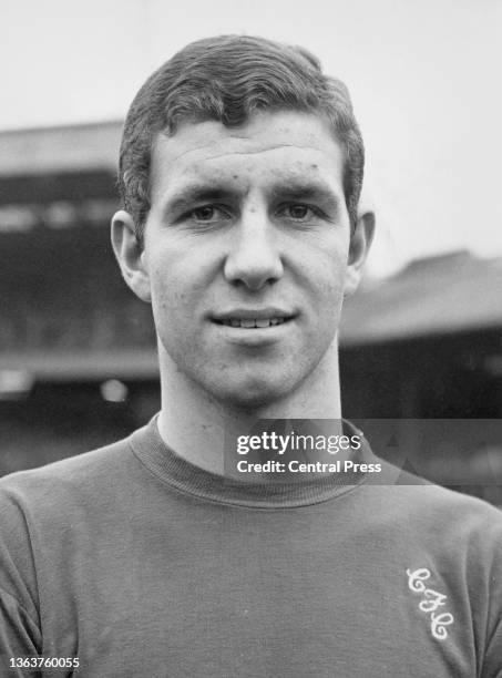 Portrait of English professional footballer Peter Osgood , Centre Forward for Chelsea Football Club circa August 1966 at the Stamford Bridge stadium...