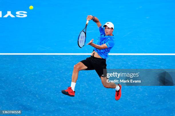 Daniel Altmaier of Germany plays a shot in his match against Fabio Fognini of Italy during day 2 of the Sydney Tennis Classic at Ken Rosewall Arena...