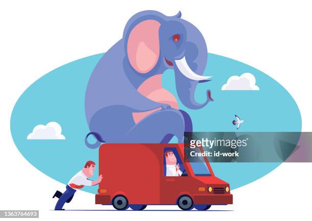 stockillustraties, clipart, cartoons en iconen met businessmen carrying elephant on van - elephant