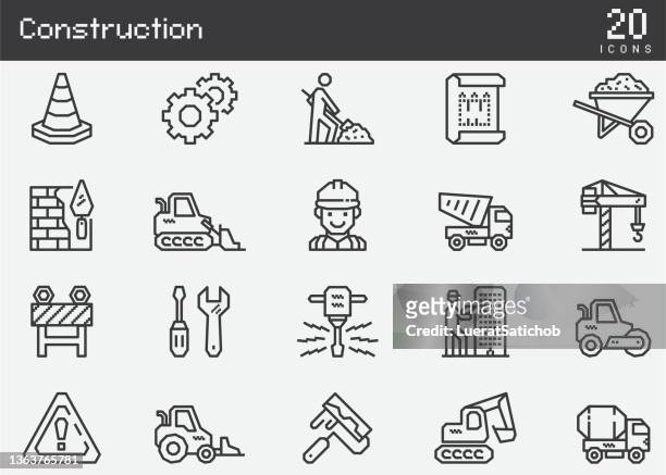 illustrazioni stock, clip art, cartoni animati e icone di tendenza di icone della linea di costruzione - bulldozer