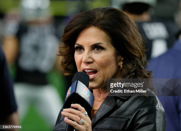 Sunday Night Football" sideline reporter Michele Tafoya speaks before a game between the Los Angeles Chargers and the Las Vegas Raiders at Allegiant...