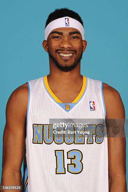 Corey Brewer of the Denver Nuggets poses for a photograph during media day on December 15, 2011 at the Pepsi Center in Denver, Colorado. NOTE TO...