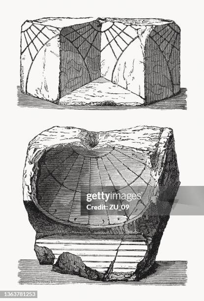 sundials from ancient times, wood engravings, published in 1862 - sundial stock illustrations
