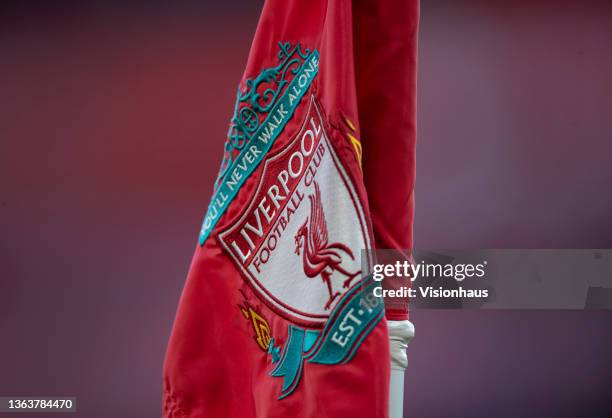 Liverpool club badge on a corner flag ahead of the Emirates FA Cup Third Round match between Liverpool and Shrewsbury Town at Anfield on January 9,...