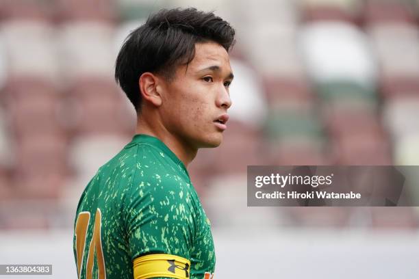 Kuryu Matsuki of Aomori Yamada looks on during the 100th All Japan High School Soccer Tournament final between Ozu and Aomori Yamada at National...