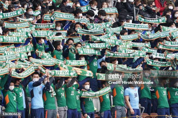 Fans of Aomori Yamada cheer prior to the 100th All Japan High School Soccer Tournament final between Ozu and Aomori Yamada at National Stadium on...