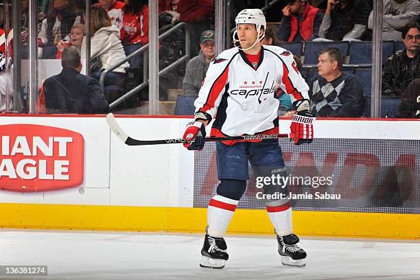 Dennis Wideman of the Washington Capitals skates against the Columbus Blue Jackets on December 31, 2011 at Nationwide Arena in Columbus, Ohio.