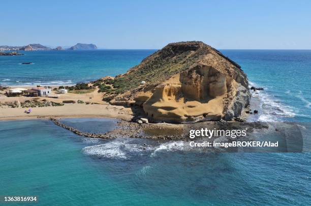 headland with cocedores bay with sandstone cliffs and view of cabo cope, sandy beach in front of aguilas, aguilas, murcia, spain - headland stock pictures, royalty-free photos & images