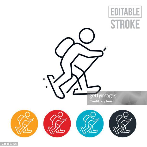 snowshoer snowshoeing thin line icon - editable stroke - snowshoe stock illustrations