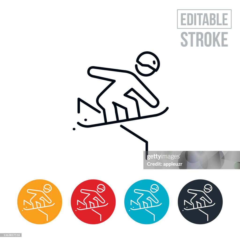 Snowboarder Riding Rail Thin Line Icon - Editable Stroke