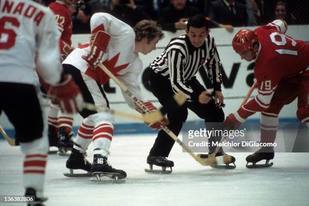Bobby Clarke of Canada and Vladimir Shadrin of the Soviet Union faceoff during the 1972 Summit Series at the Luzhniki Ice Palace in Moscow, Russia.