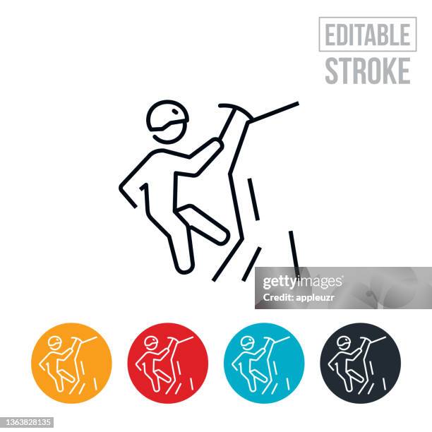 ice climber climbing ice face thin line icon - editable stroke - ice climbing stock illustrations