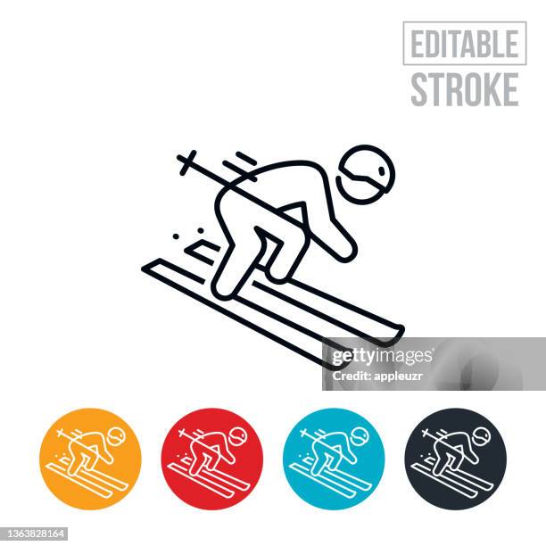 downhill skier thin line icon - editable stroke - ski slope 幅插畫檔、美工圖案、卡通及圖標